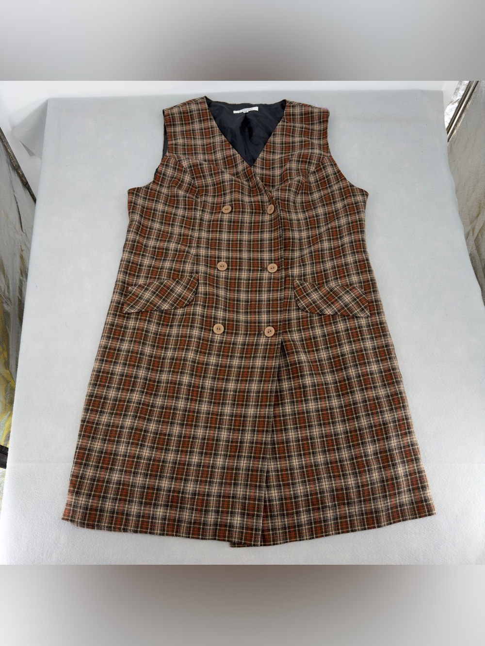 Vintage Lorianna Brown Plaid Mini Vest Dress Sz 16